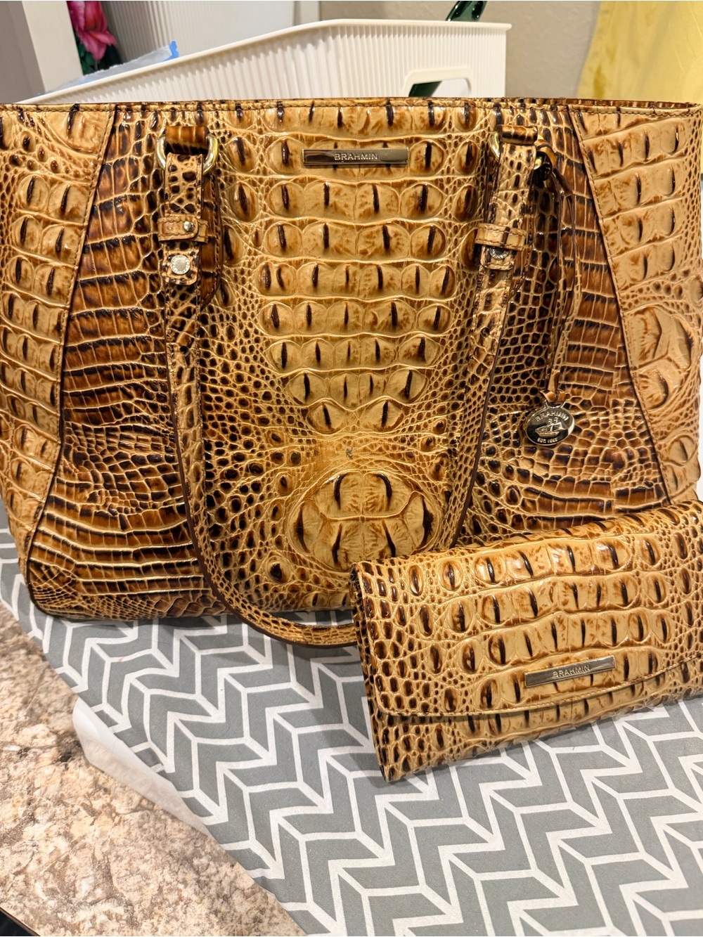 Brahmin Tan Croc-Embossed Leather Tote with Matching Wallet